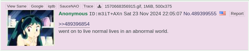 (With an image of Chan's signature 'Lum' anime character, waving money:) Went on to live normal lives in an abnormal world.